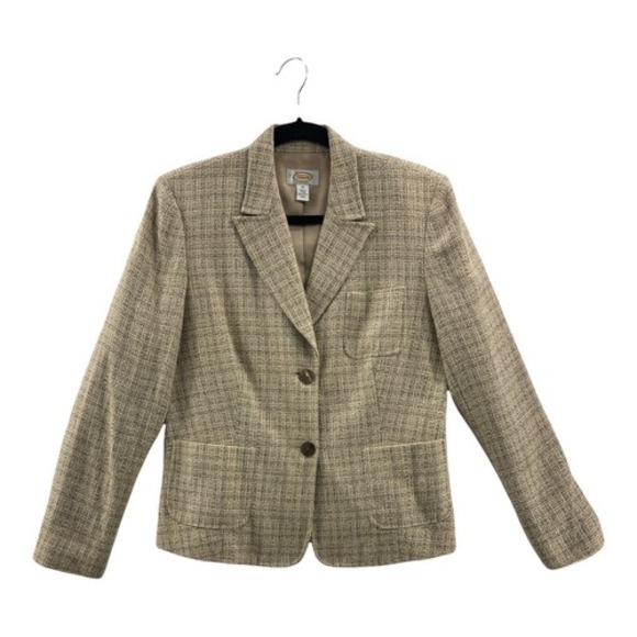 Talbots Womens Tweed Suit Jacket Blazer Gray Beige Pocket Long Sleeve Button 10 - Picture 1 of 9